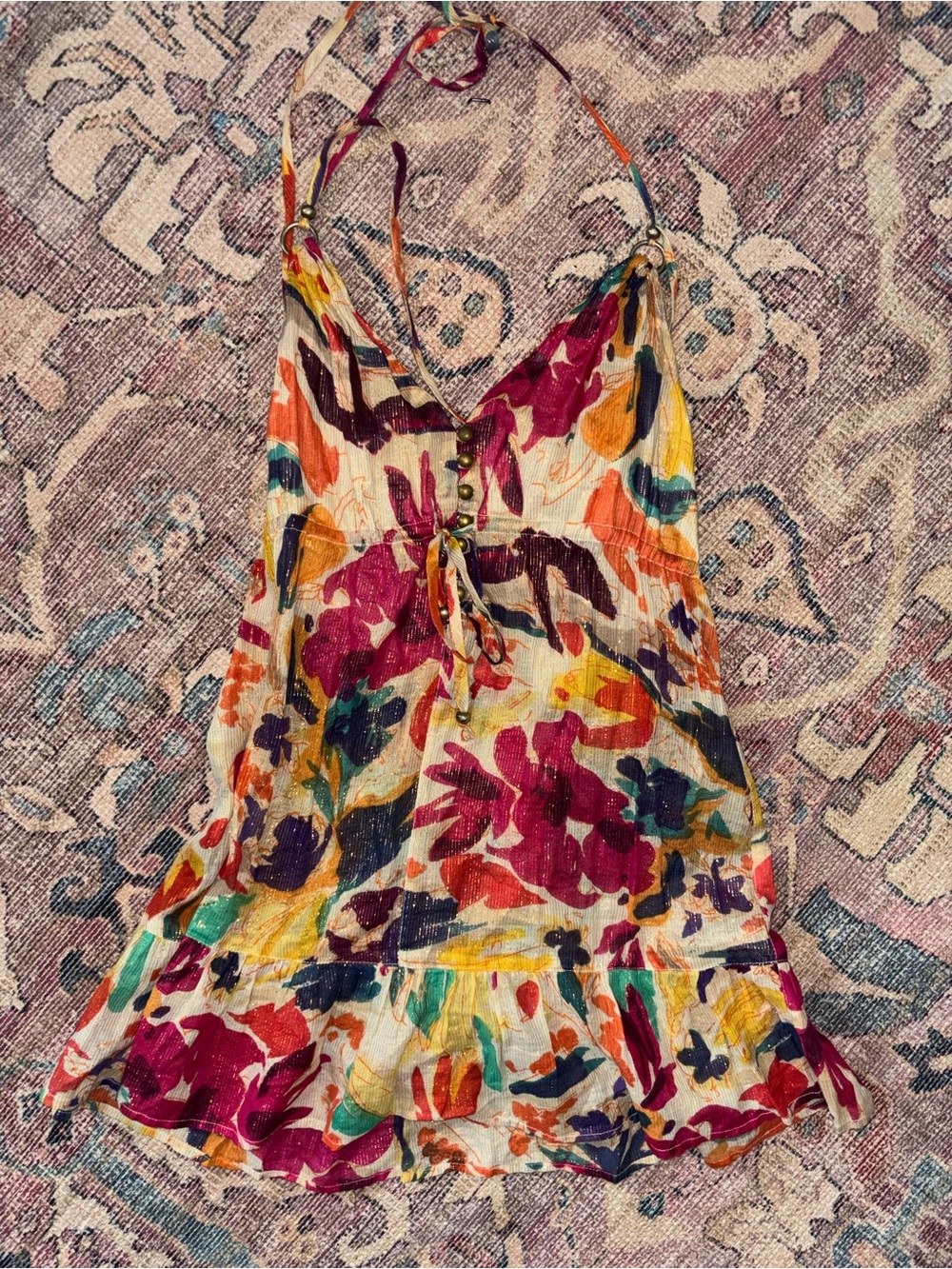 Floral Tie-Front Camisole Top in Multicolor with Gold Sheen
